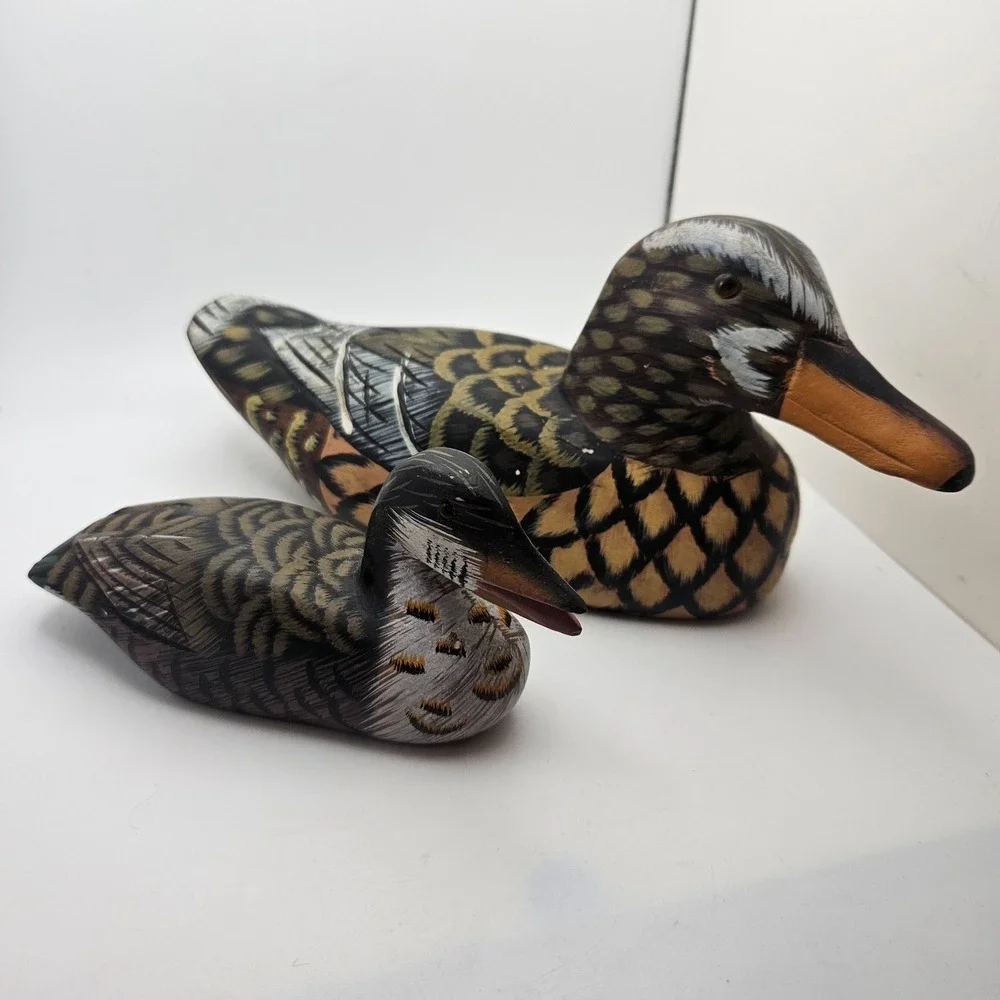 Vintage Hand Carved Wooden Duck Decoy Pair Mallard Folk Art Hunting Decor